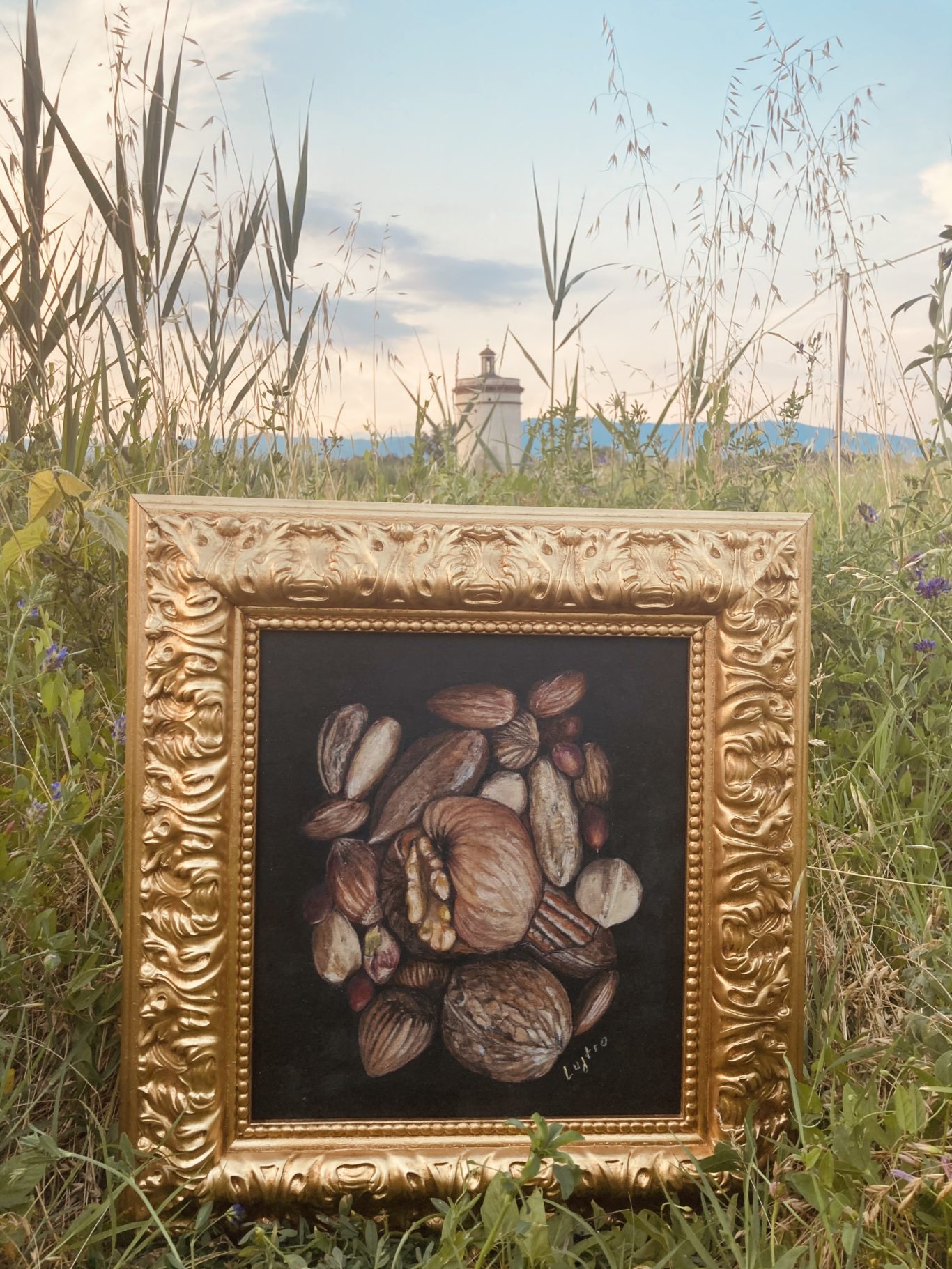 il dipinto di una natura morta titolato una natura viva, nella cornice oro floreale, foto presso la torre dello spada in parezzana