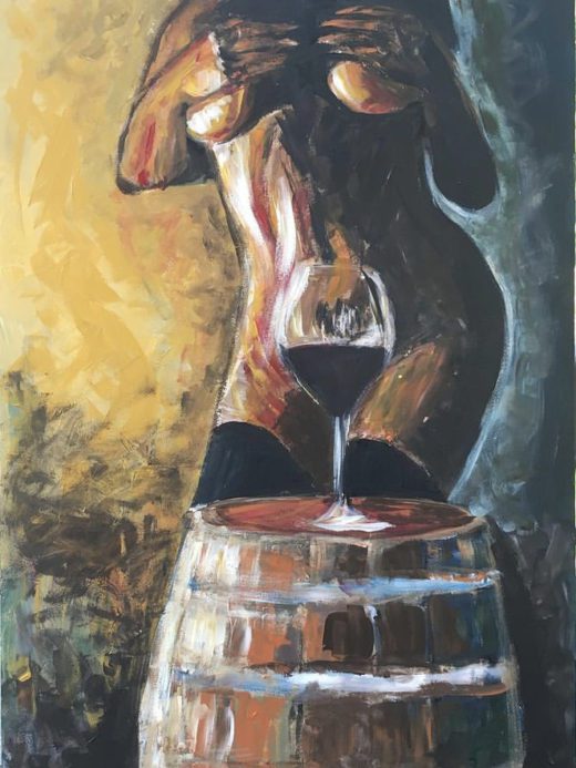 dipinto erotico con tecnica espressionista che raffigura una donna esclusa del capo, con dei seni semicoperti dalle mani e un pube celato e sottolineato dal contenuto in vino rosso di un calice posto davanti al nubo