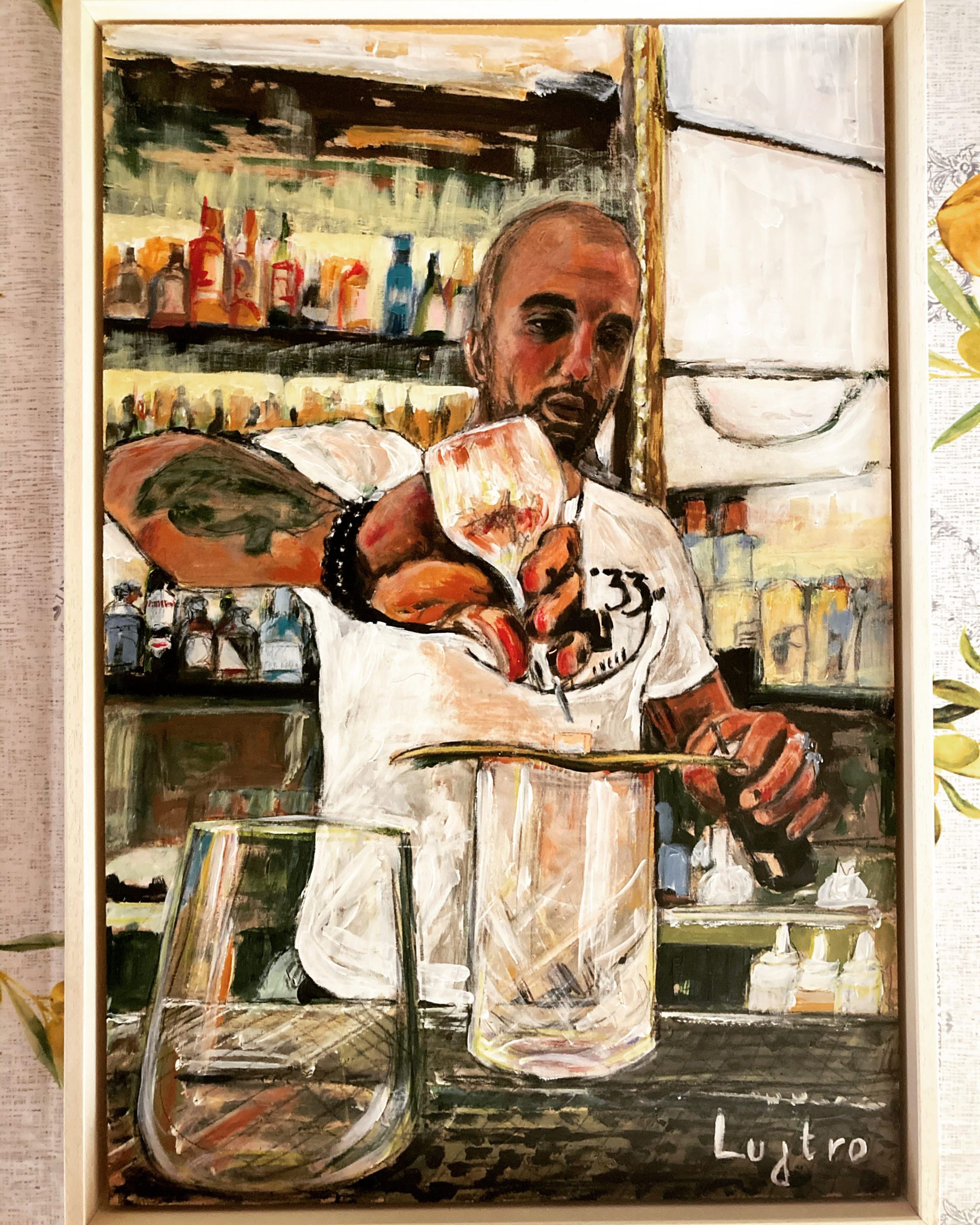 dipinto che ritrae un barman intento nella preparazione di un drink sour