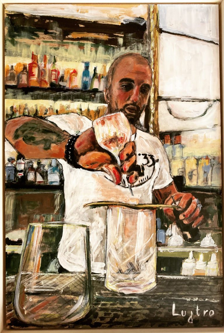 dipinto che ritrae un barman intento nella preparazione di un drink sour