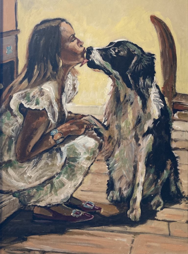 dipinto che ritrae il bacio tra un delizioso cagnolino e la sua padroncina