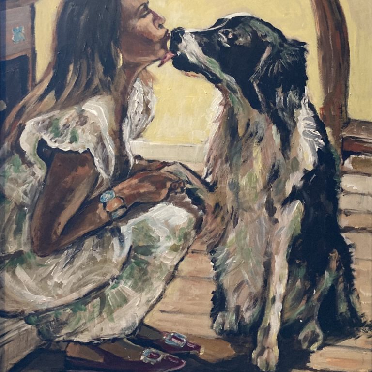 dipinto che ritrae il bacio tra un delizioso cagnolino e la sua padroncina