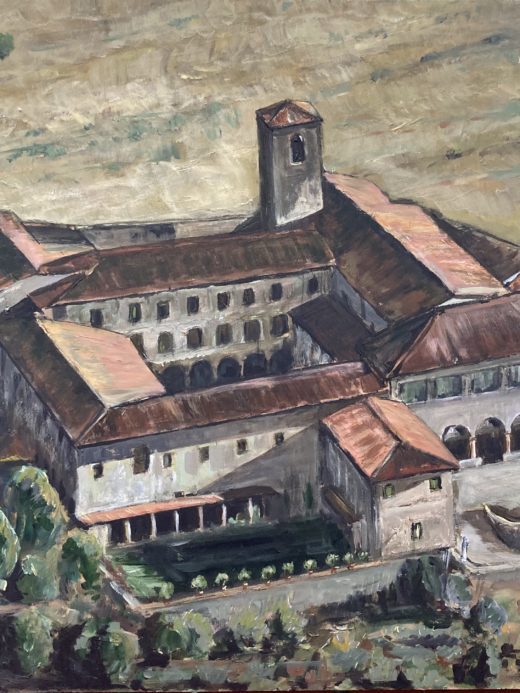 dipinto realistico con tema il convento di san francesco in borgo a mozzano, installato nell'antica biglioteca dell'edificio religioso