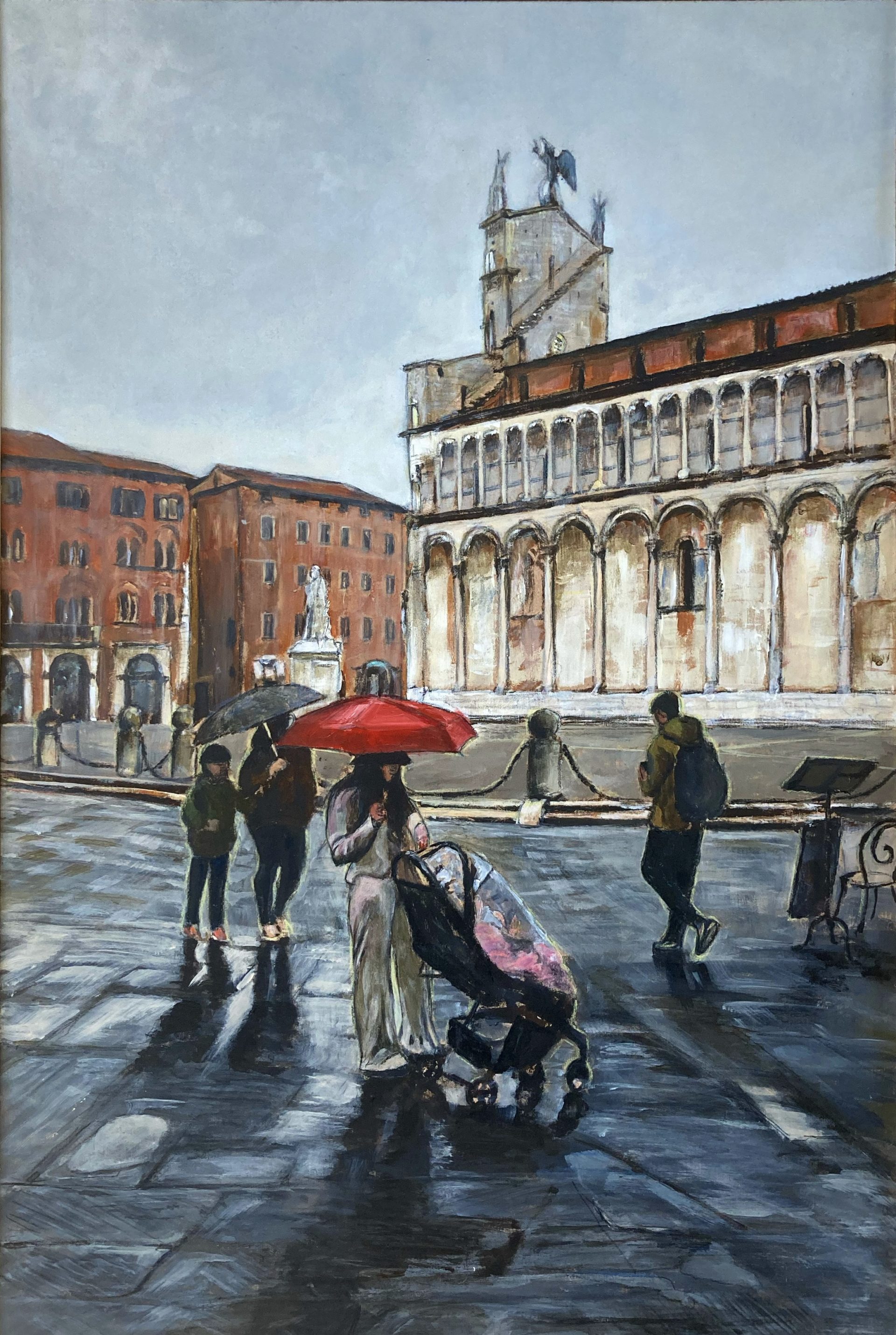 dipinto realistico a tema Lucca che rappresneta uno scorcio della chiesa di san michele in foro in un giorno piovoso. il dipinto rientra nella raccolta pittorica Lucca città di pioggia