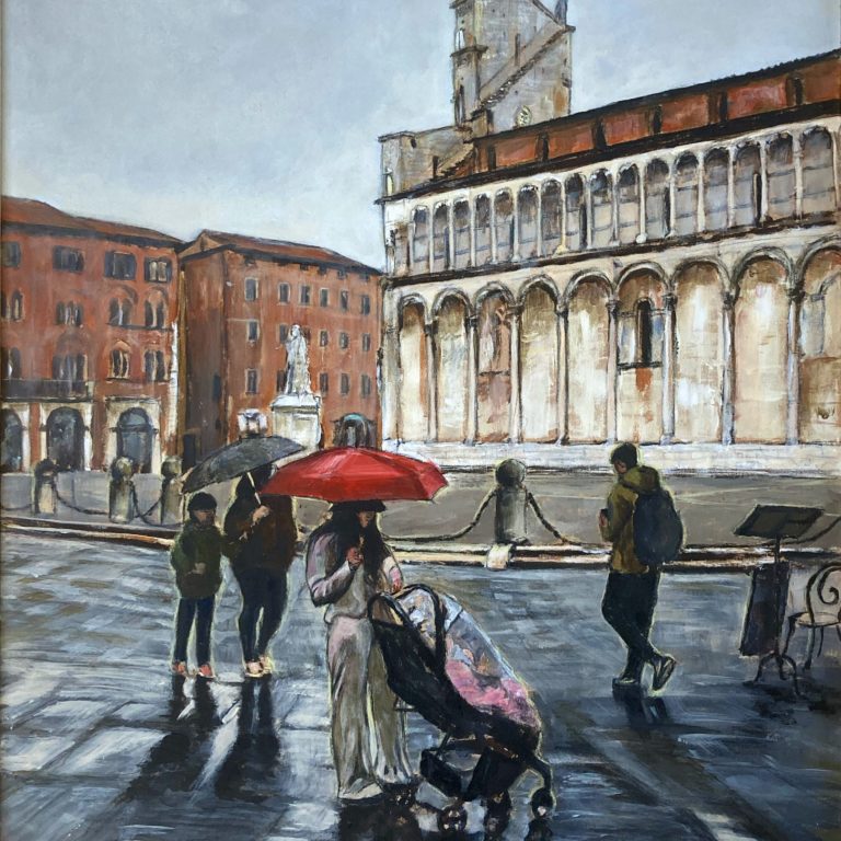 dipinto realistico a tema Lucca che rappresneta uno scorcio della chiesa di san michele in foro in un giorno piovoso. il dipinto rientra nella raccolta pittorica Lucca città di pioggia
