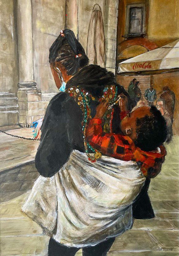 dipinto acrilico che raffigura una venditrice nordafricana di collane con il propio bambino legato sulla schiena il dipinto è ora installato in New Jersey