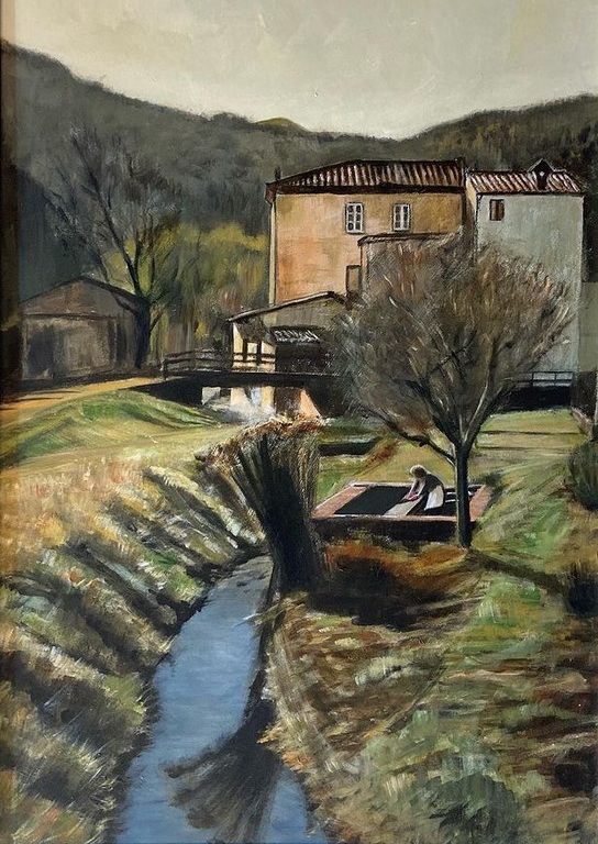 dipinto realista raffigurante uno scorcio della campagna lucchese con un ruscello e un lavatoio, la scena si svolge in guamo vicino alla località parole d'oro