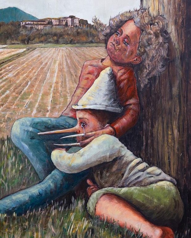 dipinto classico raffigurante pierino Porcospino e Pinocchio in una posa dolce e malinconica. dipinto per il progetto la via della fiaba europea