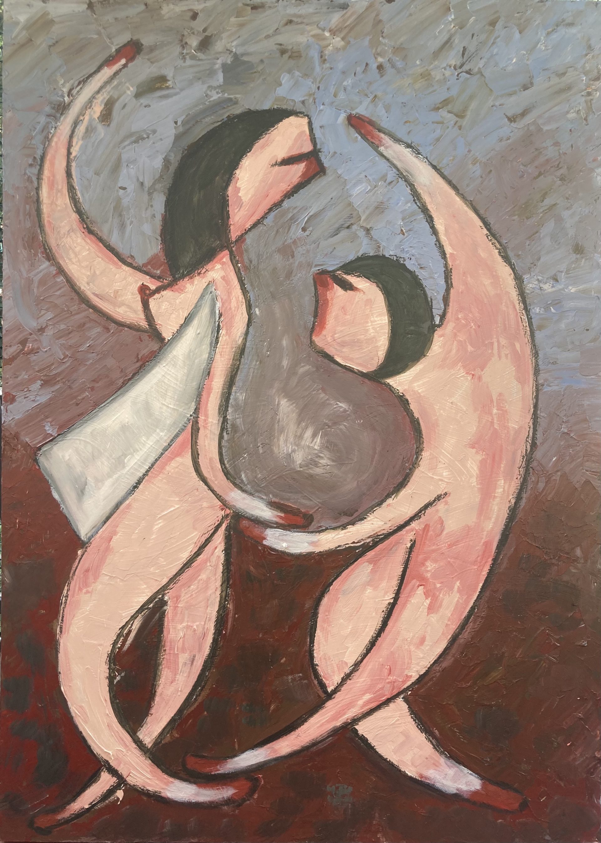 dipinto acrilico su tavola della raccolta fiammiferi raffigurante una coppia di persone stilizzate in stile espressionista