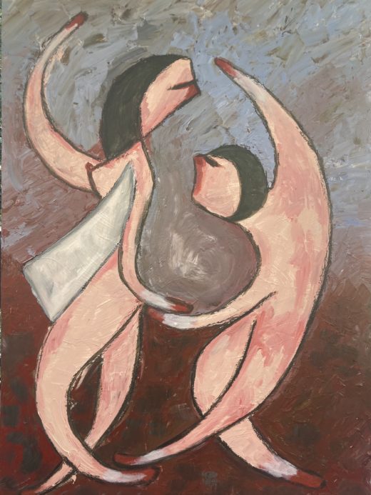 dipinto acrilico su tavola della raccolta fiammiferi raffigurante una coppia di persone stilizzate in stile espressionista
