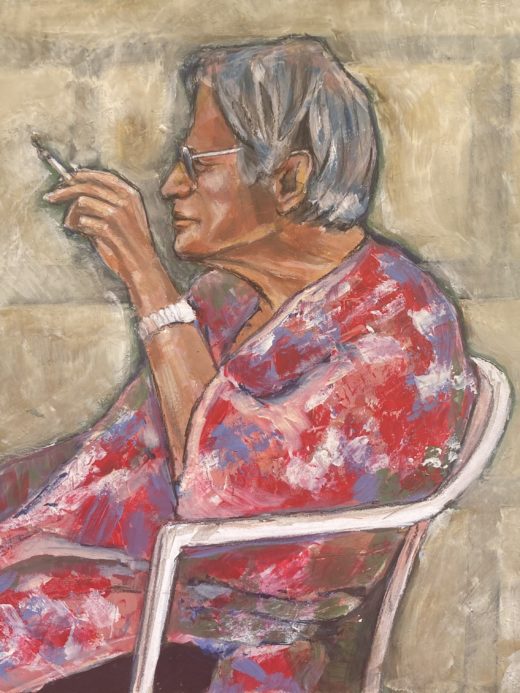 dipinto che rappresenta un'anziana donna in una posa beffarda a fumare quasi irridendo la vita