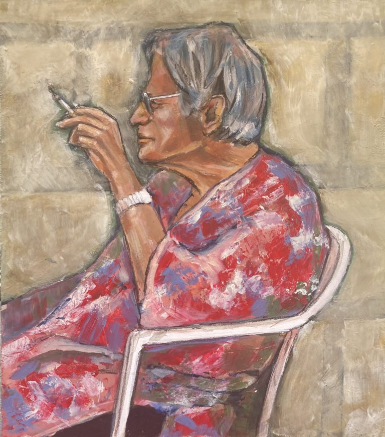 dipinto che rappresenta un'anziana donna in una posa beffarda a fumare quasi irridendo la vita