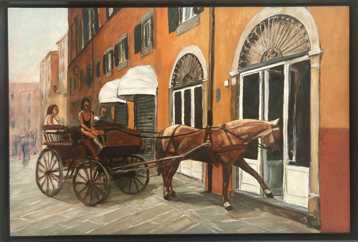 dipinto tecnica acrilico su tavola con soggetto la carrozza per turisti presso l'hotel renaissance tuscany in piazza Napoleone che fu sede del ristorante stellato il giglio