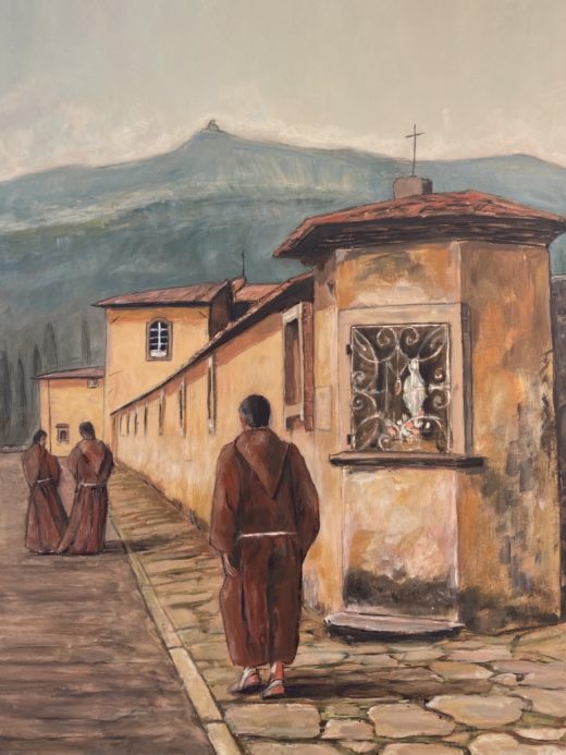 dipinto classico figurativo che rappresenta l'edicola immaginina votiva posta all'esterno del Convento di San Francesco in Borgo a Mozzano con dei frati