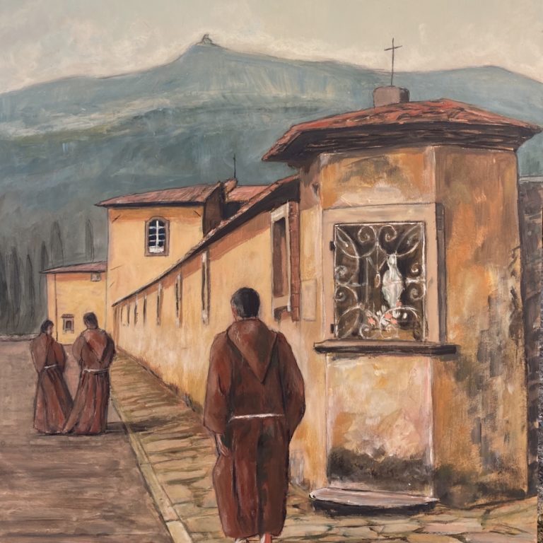 dipinto classico figurativo che rappresenta l'edicola immaginina votiva posta all'esterno del Convento di San Francesco in Borgo a Mozzano con dei frati