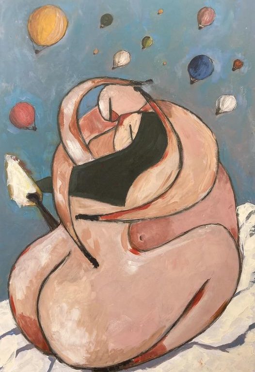 dipint espressionista figurativo a tema un abbraccio e l'amore, sullo sfondo mongolfiere in volo