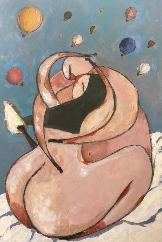 dipint espressionista figurativo a tema un abbraccio e l'amore, sullo sfondo mongolfiere in volo