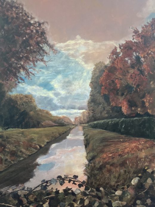 dipinto classico paesaggio che raffigura uno scorcio sul canale Brentino in Stava Massarosa al tramonto durante la stagione autunnale