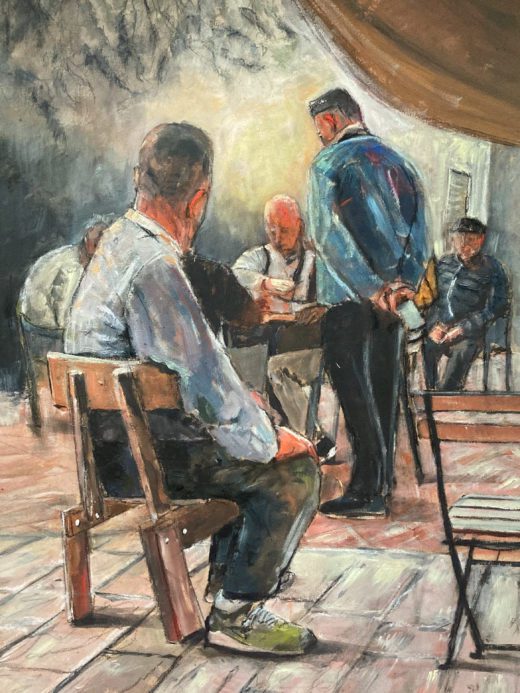 quadro in vendita che raffigura una scena con dei giocatori di carte intenti al gioco presso il bar Centrale di Quiesa in massarosa
