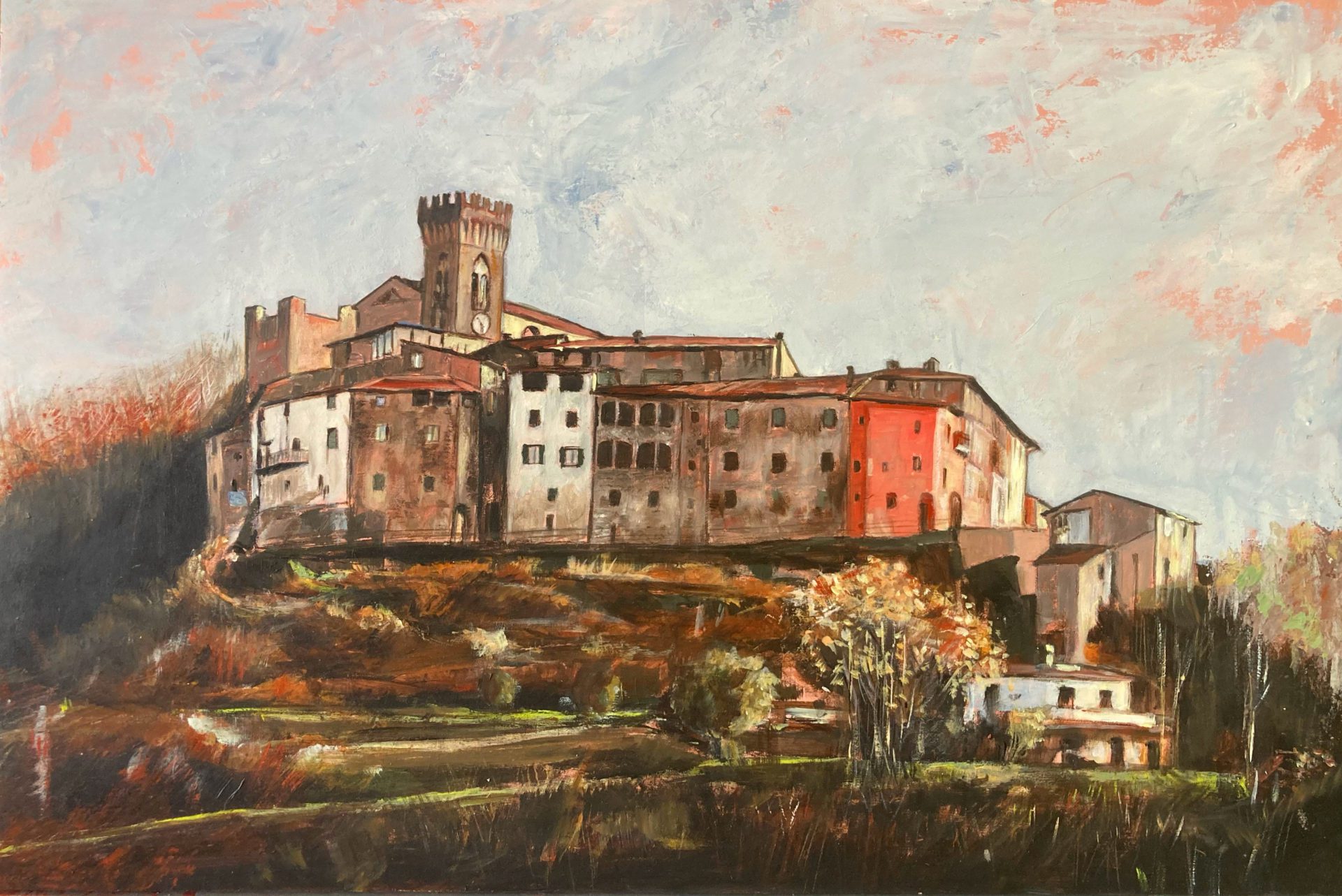 scorcio pittorico del borgo fortificato di Ghivizzano castello realizzato ad acrilico su tavola nella vista dalla località Camparlese presso casa La pace