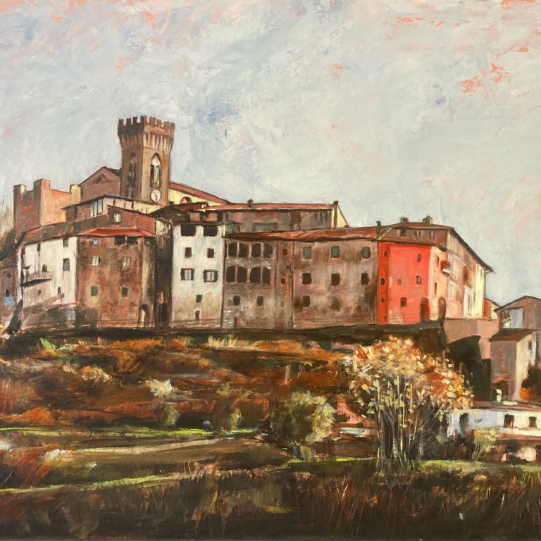 scorcio pittorico del borgo fortificato di Ghivizzano castello realizzato ad acrilico su tavola nella vista dalla località Camparlese presso casa La pace