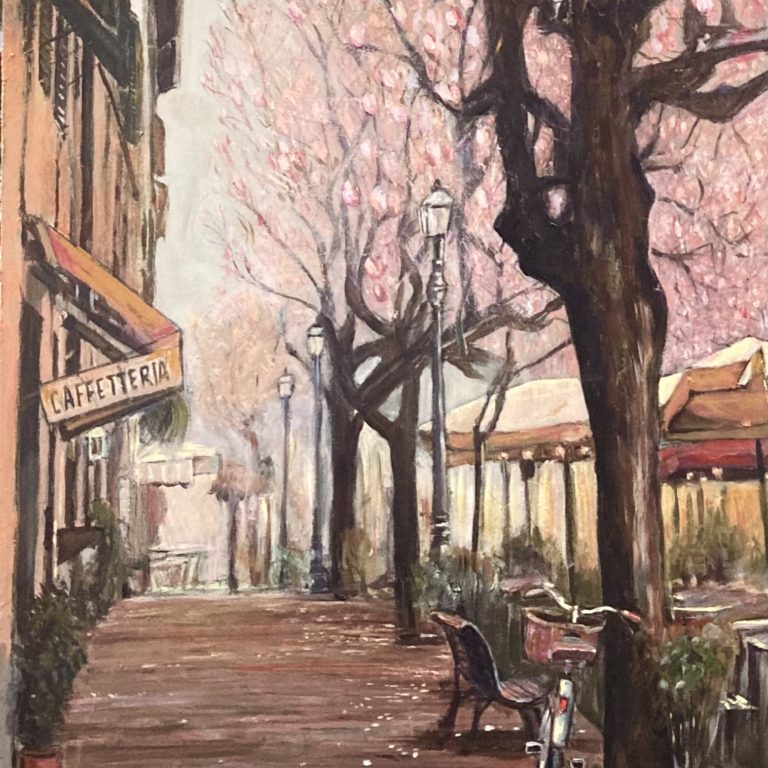 pittura su tavola che raffigura lo scorcio di Lucca di Corso Garibaldi durante la suggestiva fioritura delle magnolie soulangeane, il mood ricorda un po' Parigi