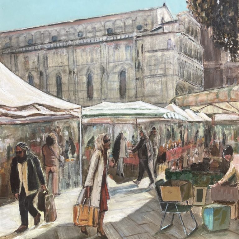 Dipinto su tavola a tecnica acrilica che rappresenta una scena assolata del mercato dell'antiquariato di Lucca , sullo sfondo la cattedrale di San Martino
