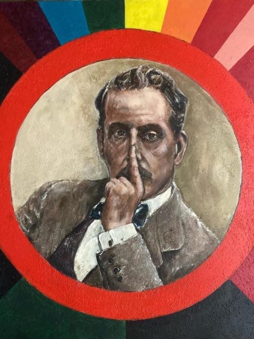 Dipinto contemporaneo a tema Giacomo Puccini nell’atto di zittire la politica e chiunque strumentalizzi la sua figura