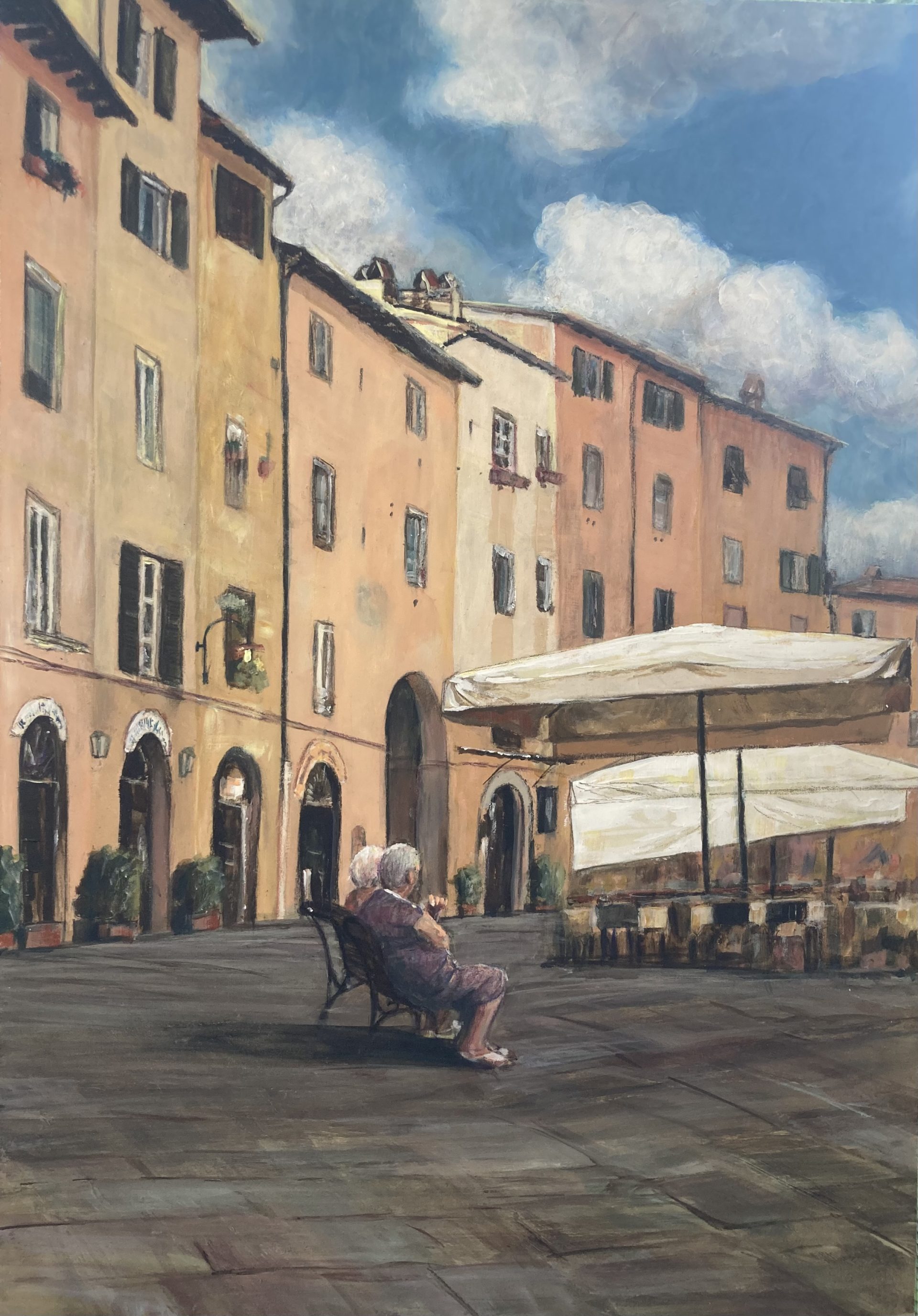Apprezzato dipinto raffigurante due anziane signore su una panchina della celebre piazza Anfiteatro in Lucca