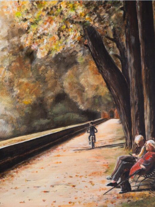 Celebre Nostalgico dipinto raffigurante uno scorcio delle mura di Lucca nella veste autunnale con due anziani al sole su una panchina ed un bambino che passa in bicicletta, una dolce metafora del tempo che scorre