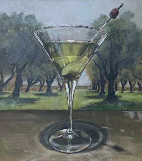Pittura su tavola a tema il famoso olio d’oliva lucchese raffigurato in una classica coppa Martini