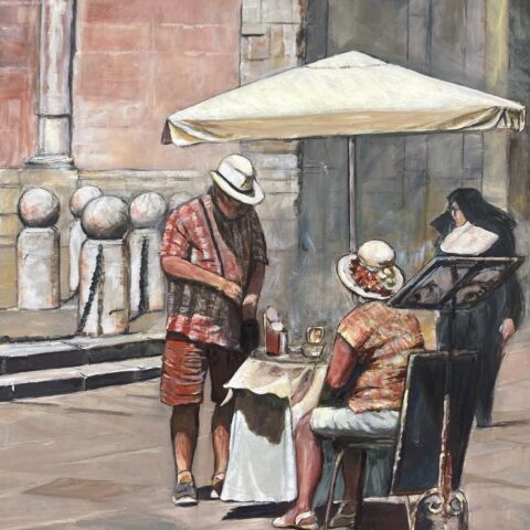 Dipinto originale o stampa d’arte raffigurante dei turisti in piazza San Michele a Lucca