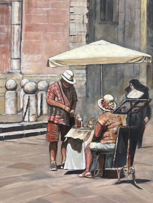 Dipinto originale o stampa d’arte raffigurante dei turisti in piazza San Michele a Lucca
