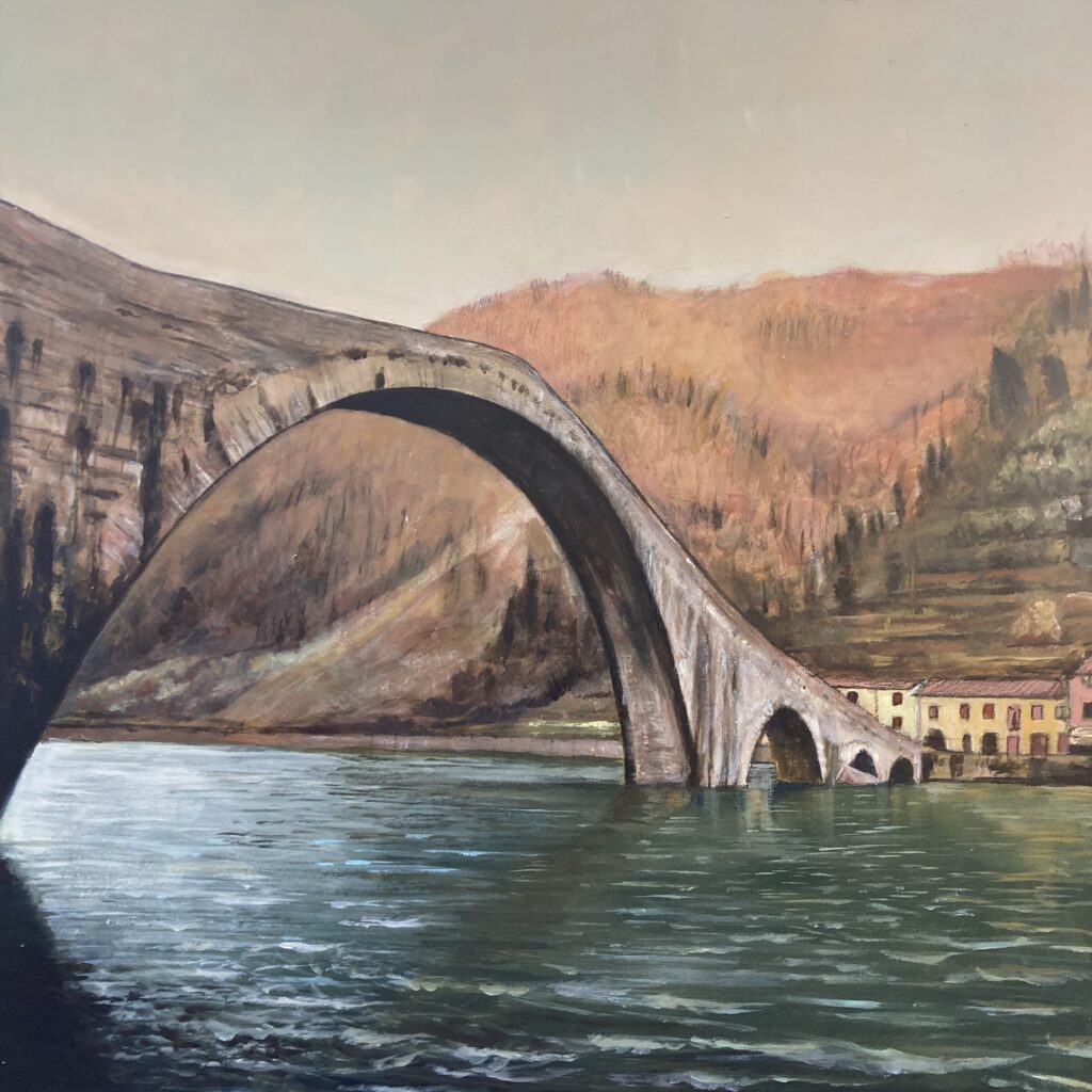 Dipinto originale e stampa d'arte raffigurante il ponte della Maddalena o ponte del diavolo in Borgo a Mozzano
