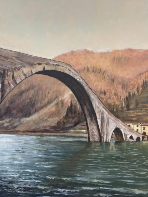 Dipinto originale e stampa d'arte raffigurante il ponte della Maddalena o ponte del diavolo in Borgo a Mozzano