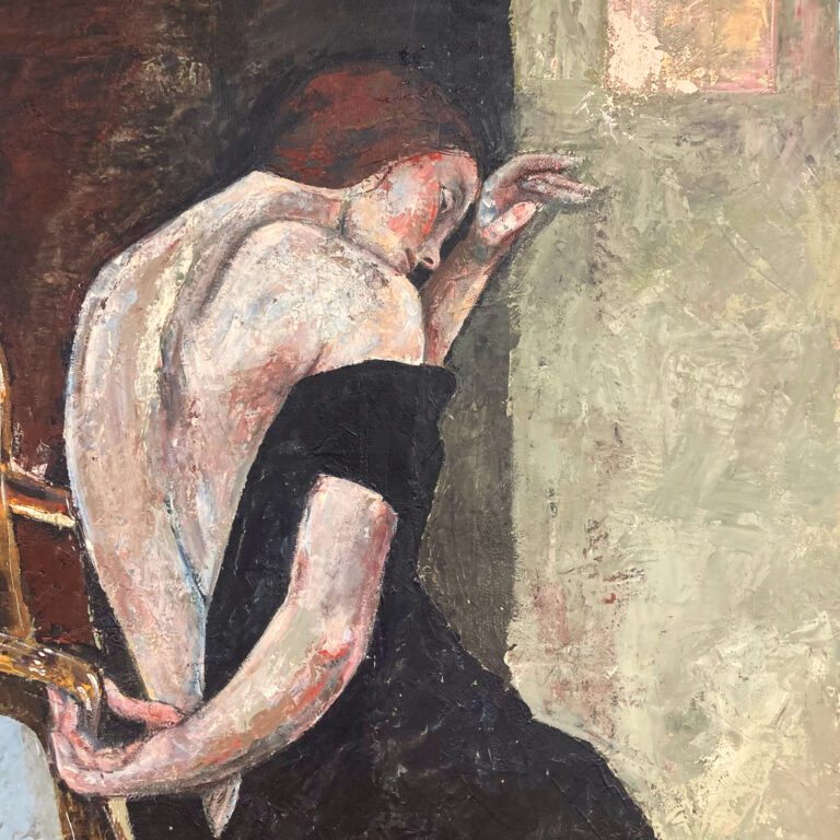 dipinto con tecnica a spatola della raccolta I ritratti di Monika raffigurante una donna in una posa classica