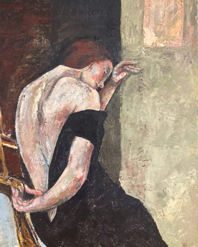 dipinto con tecnica a spatola della raccolta I ritratti di Monika raffigurante una donna in una posa classica