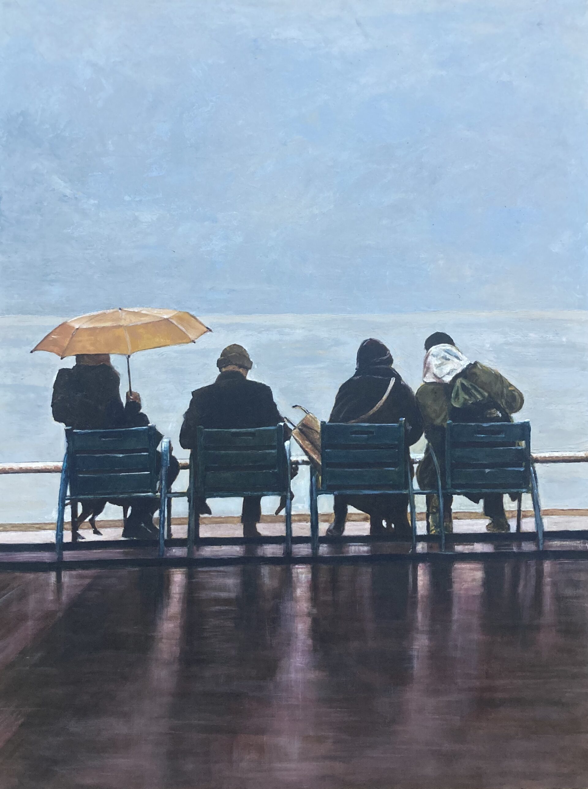 Opera d'arte pittorica che raffigura la promenad des anglais di Nizza con alcune persone sedute fronte mare sulle caratteristiche panchine