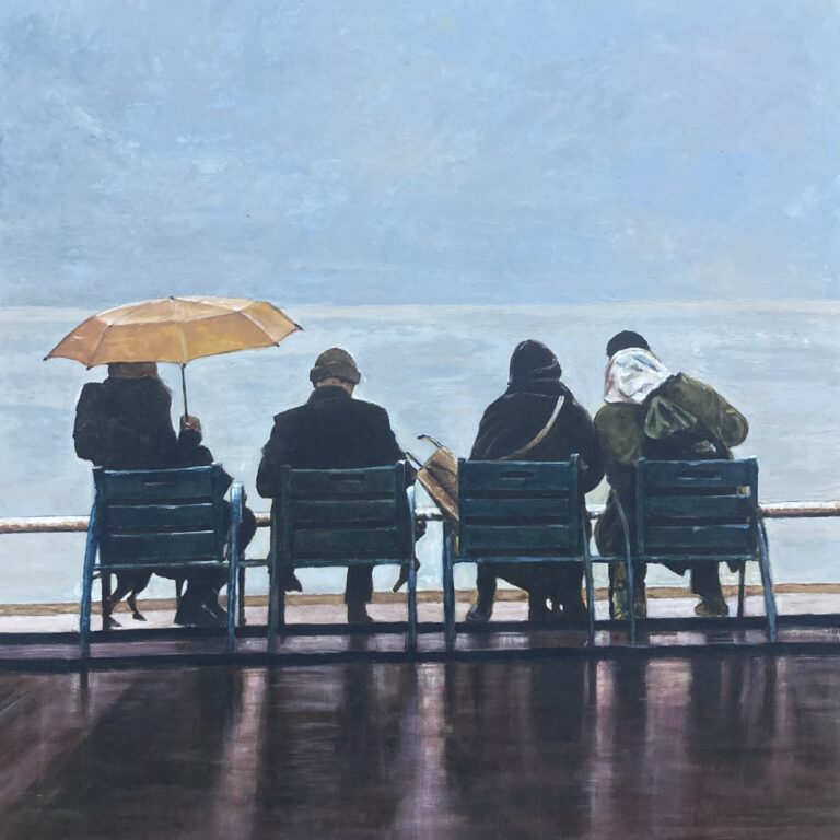 Opera d'arte pittorica che raffigura la promenad des anglais di Nizza con alcune persone sedute fronte mare sulle caratteristiche panchine