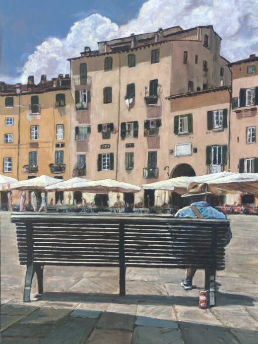 dipinto tecnica acrilico su tavola che raffigura piazza anfiteatro in Lucca nella stagione estiva con un turista seduto su di una panchina in primo piano