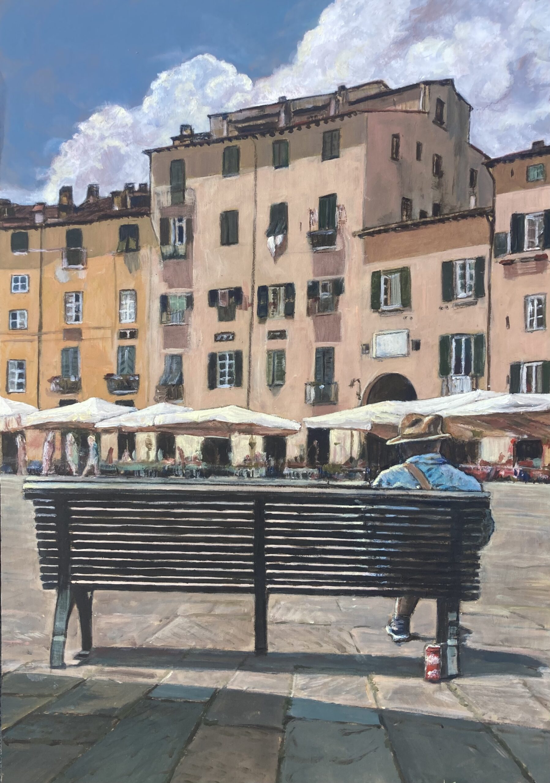 dipinto tecnica acrilico su tavola che raffigura piazza anfiteatro in Lucca nella stagione estiva con un turista seduto su di una panchina in primo piano