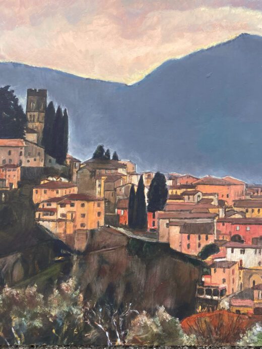 dipinto realistico che rappresenta il colle remeggio su cui insiste la città di barga vecchia nella prospettiva ravvicinata di via di Renaio