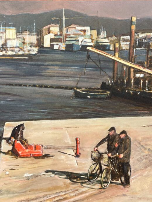 dipinto che ritrae il porto d Viareggio visto dal muraglione con due anziani in primo piano intenti a curiosare e una draga