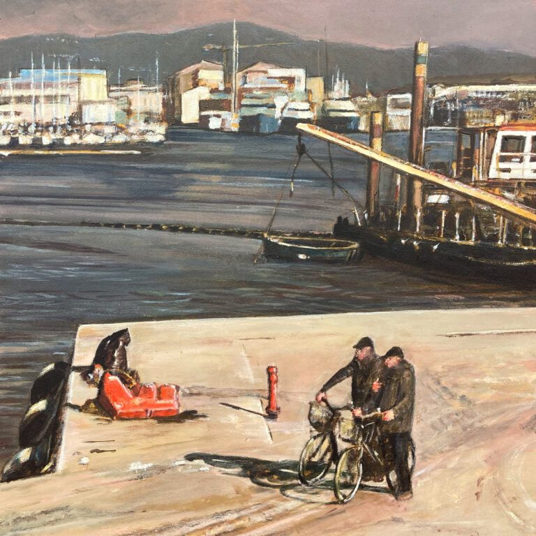 dipinto che ritrae il porto d Viareggio visto dal muraglione con due anziani in primo piano intenti a curiosare e una draga