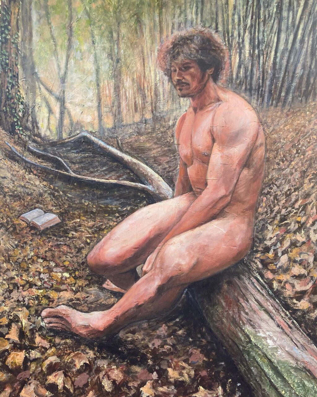 Dipinto realista dell'artista lucchese Dario Lustro Barsotti raffigurante il nudo maschile nel contesto naturale autunnale di un bosco