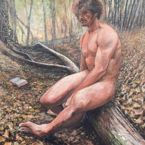 Dipinto realista dell'artista lucchese Dario Lustro Barsotti raffigurante il nudo maschile nel contesto naturale autunnale di un bosco