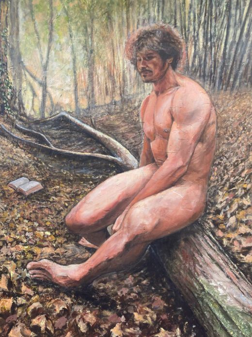 Dipinto realista dell'artista lucchese Dario Lustro Barsotti raffigurante il nudo maschile nel contesto naturale autunnale di un bosco