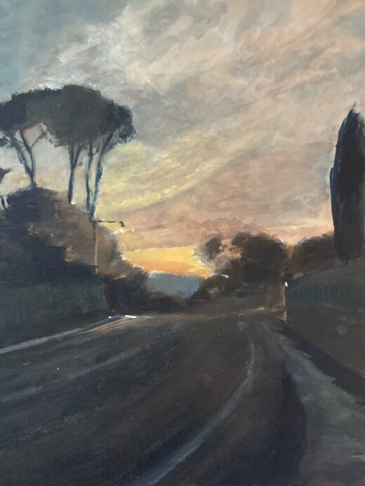 Dipinto realistico che ritrae un tramonto oltre una strada in Massa Macinaia