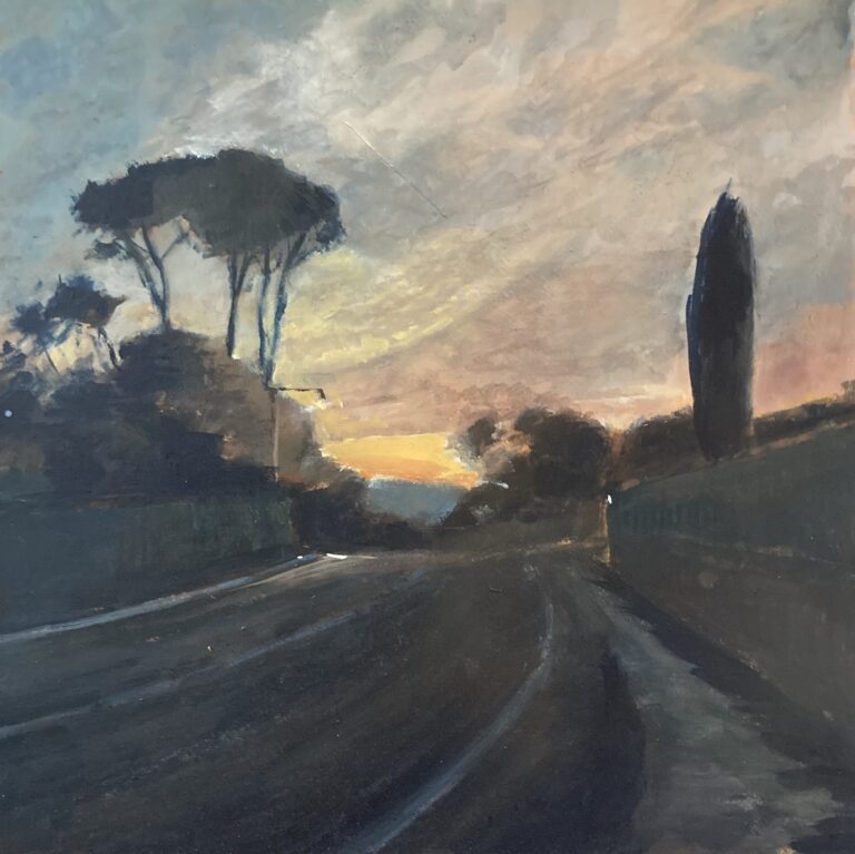 Dipinto realistico che ritrae un tramonto oltre una strada in Massa Macinaia