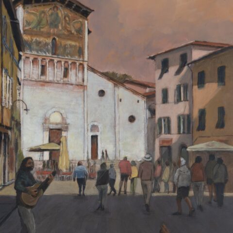 Opera d’arte che raffigura uno scorcio di Lucca con la basilica di San Frediano e la piazza